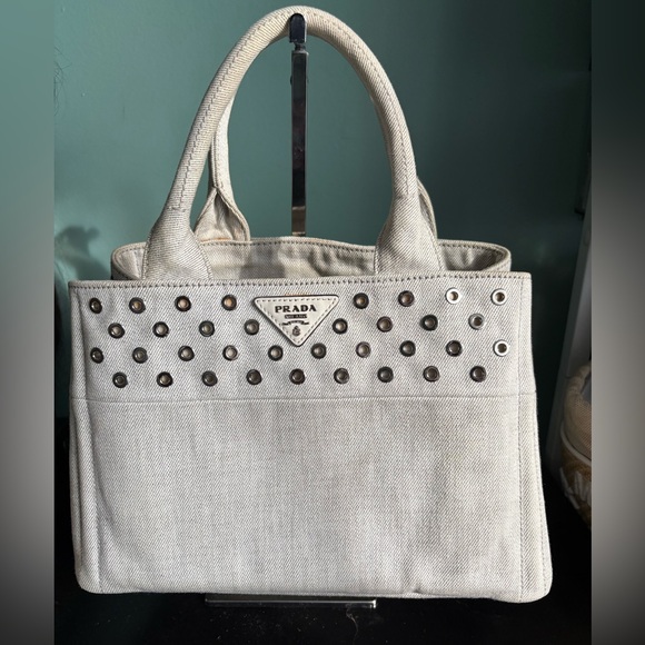 Prada Grommet Denim and Leather Canapa Tote Bag - Picture 1 of 16